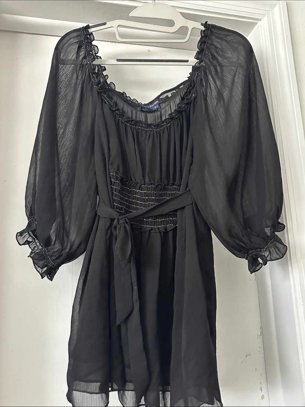 Max Edition Black Sheer Smocked Waist Tunic with Puff Sleeves